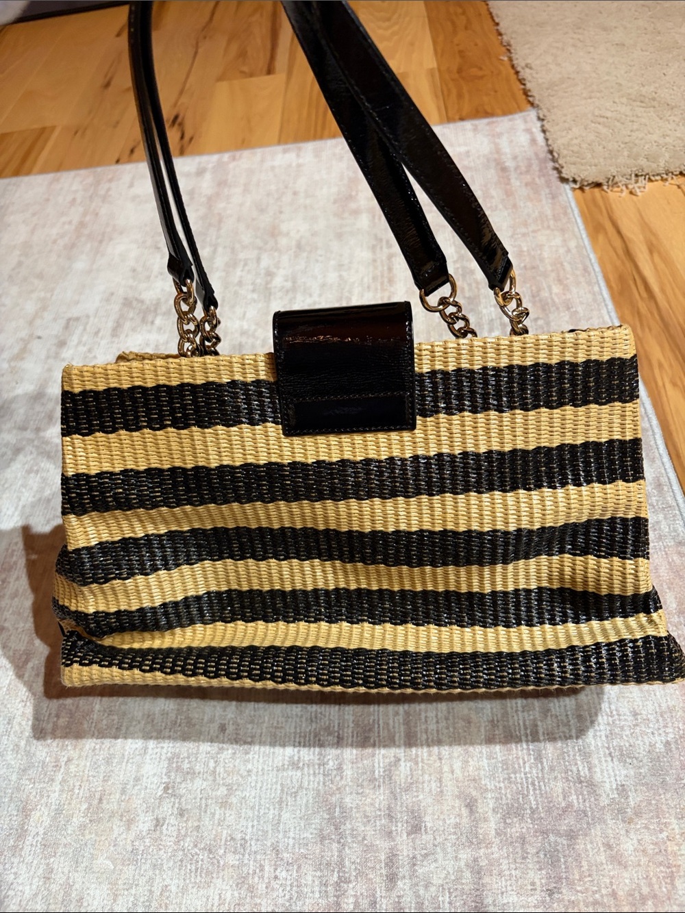 Coach Woven Stripe Tote – Black & Natural Leather Trim - Picture 4 of 8